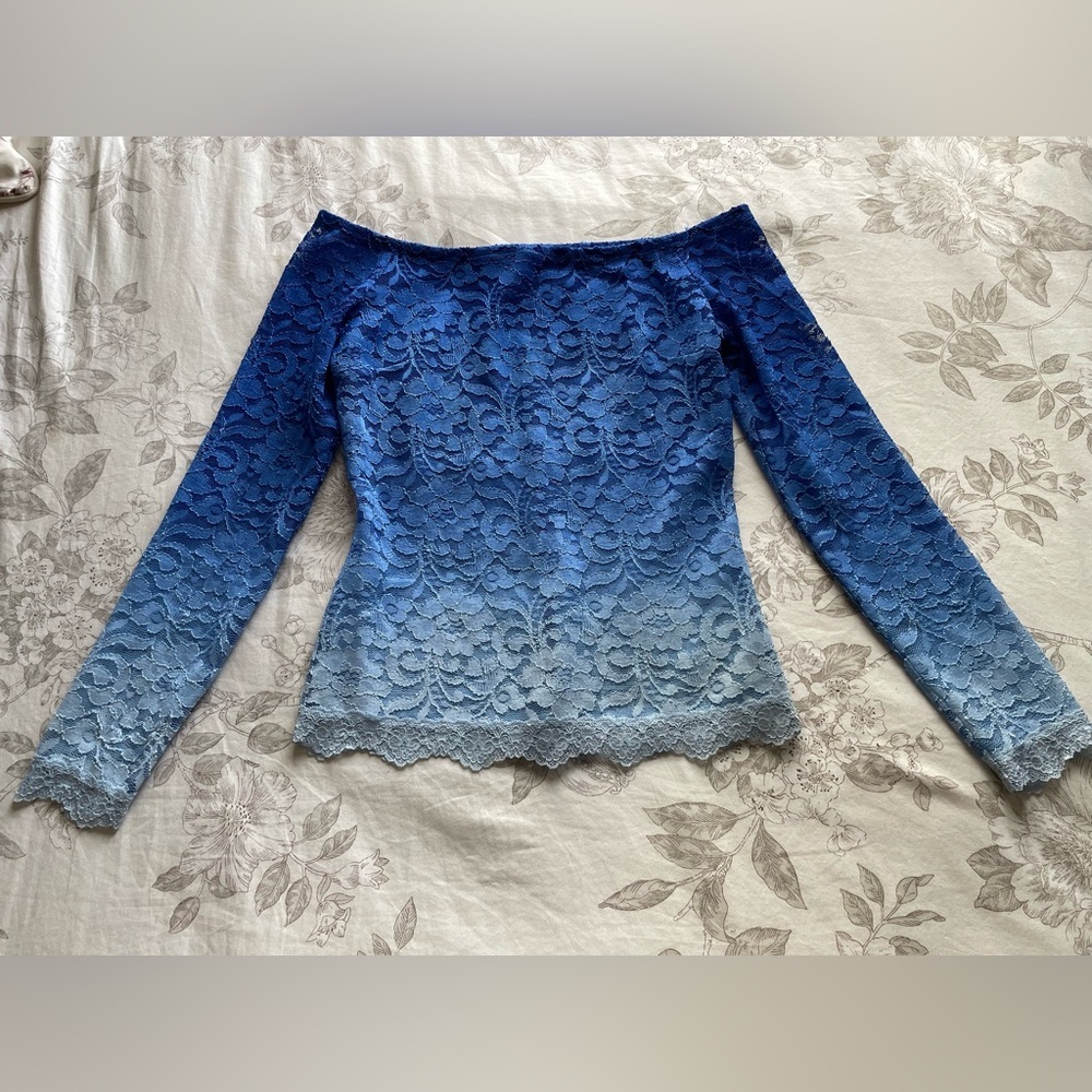 Y2K Blue Ombre Lace Off The Shoulder Top Small Fairycore Ethereal Whimsical Boho